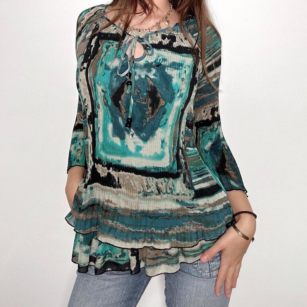A gorgeous teal black and beige watercolor design blouse